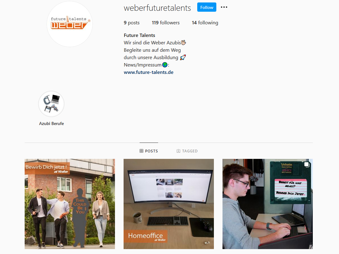 Die Instagram-Seite der Weber Future Talents